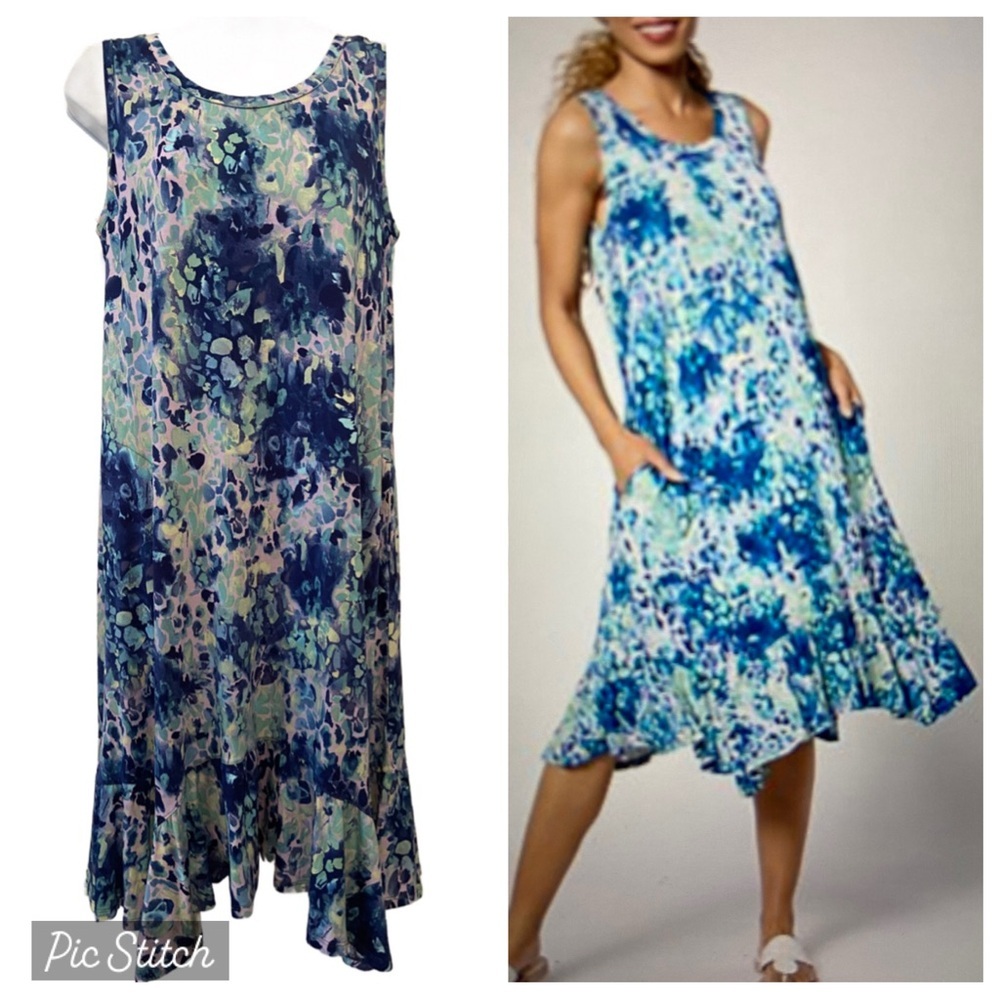 LOGO by Lori Goldstein Tank Dress Rayon 230 Ruffle Hem Blue Animal Print PS New